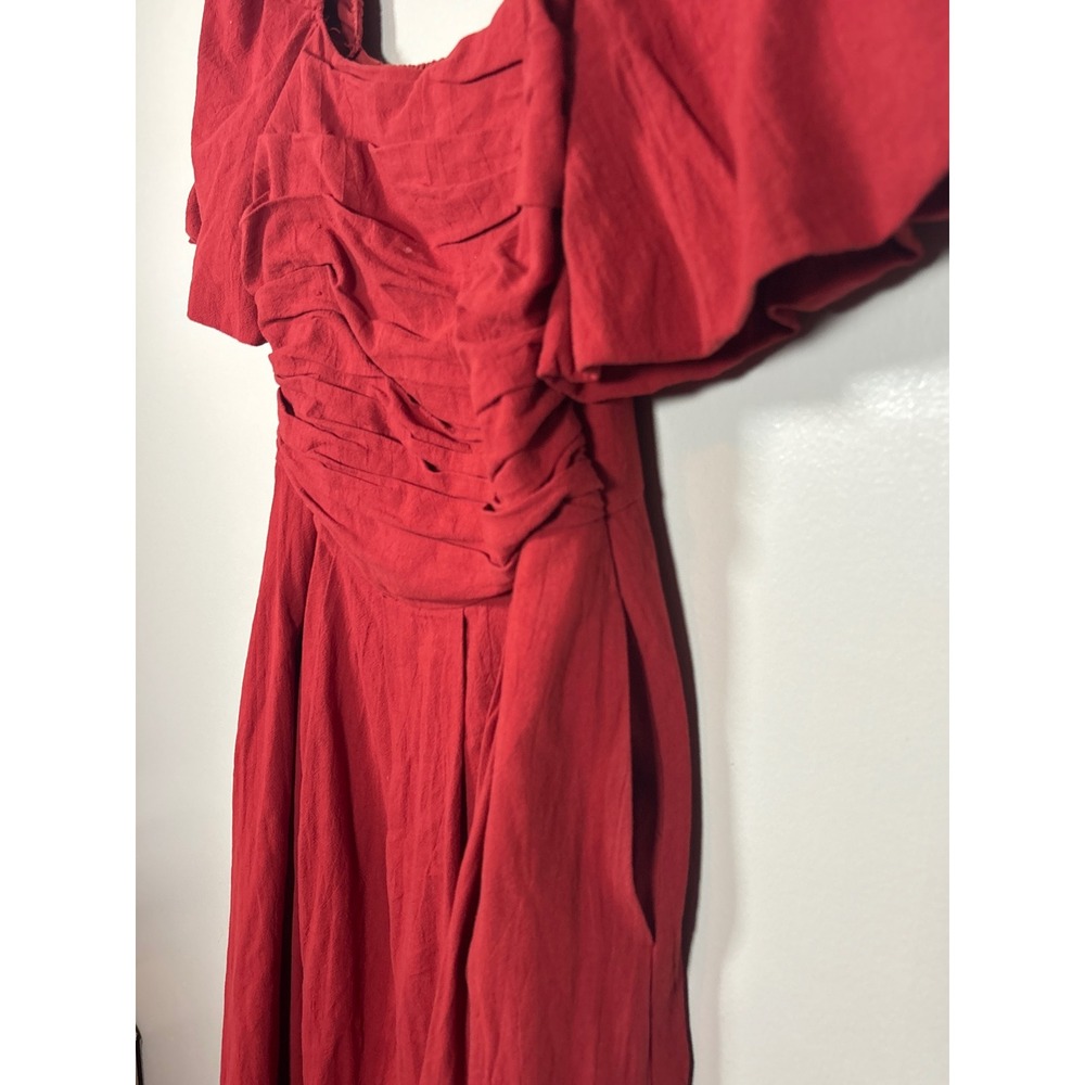 Bohme Red Puff Sleeve Ruched Smocked Midi Dress BHM1111WD Womens Large‎ - Picture 6 of 6